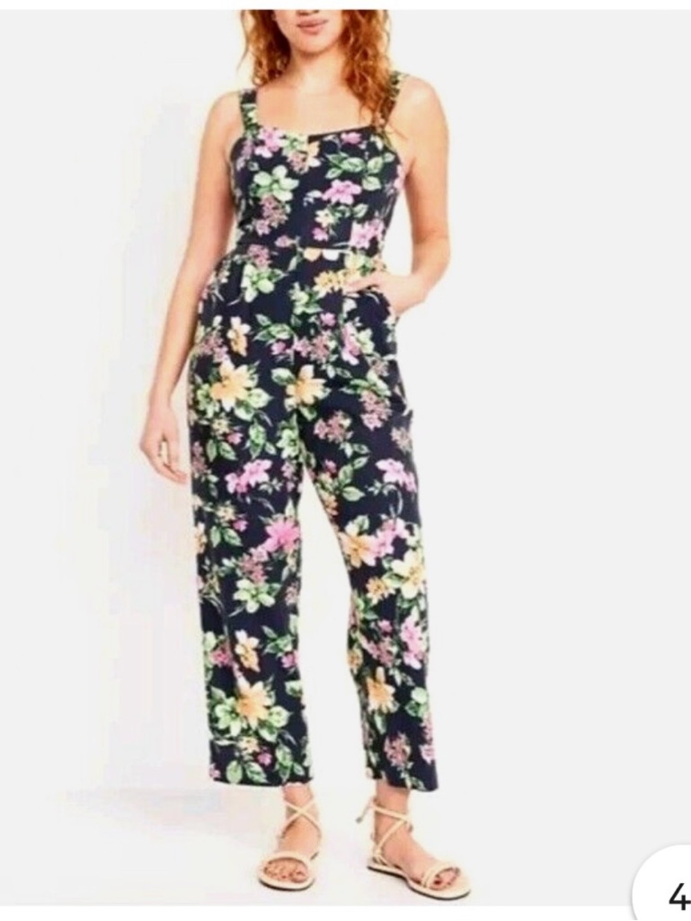 Old Navy Navy Floral Square-Neck Jumpsuit